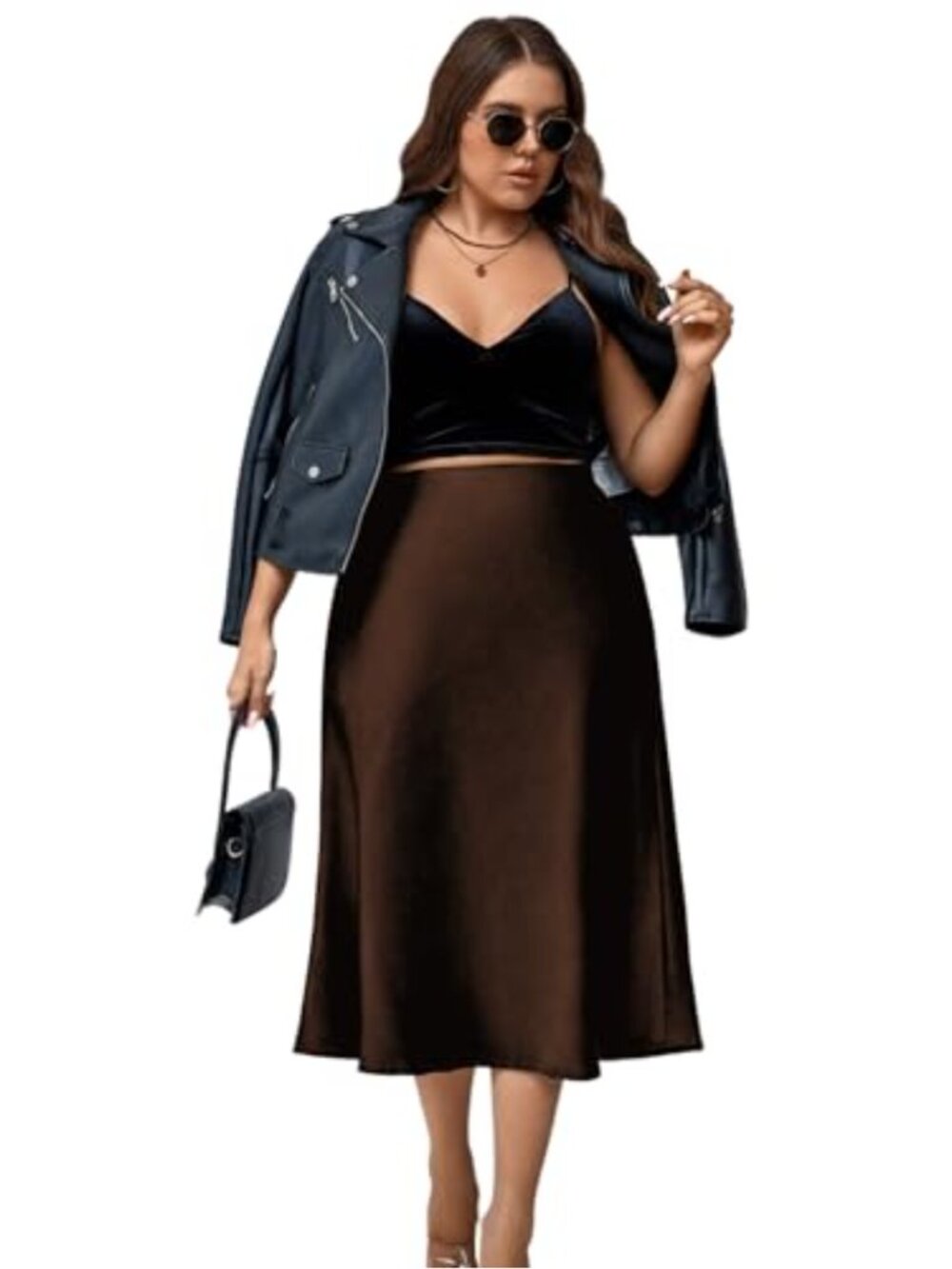 Plus Size Satin High Waisted A-Line Midi Skirt with Elastic Waist